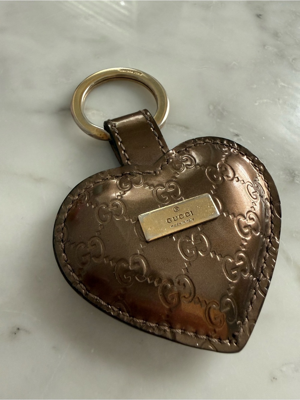 Gucci Metallic Brown Embossed GG Heart Keychain with Gold Plaque